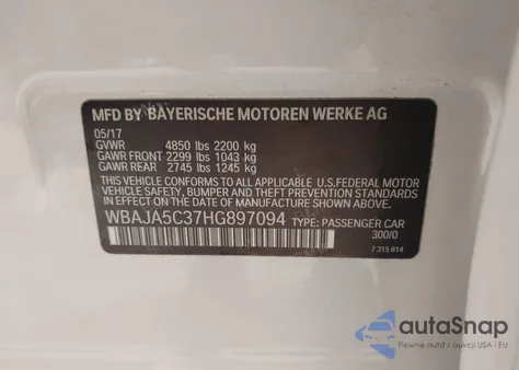 2017 BMW 530I z USA, uszkodzony, nr VIN WBAJA5C37HG897094